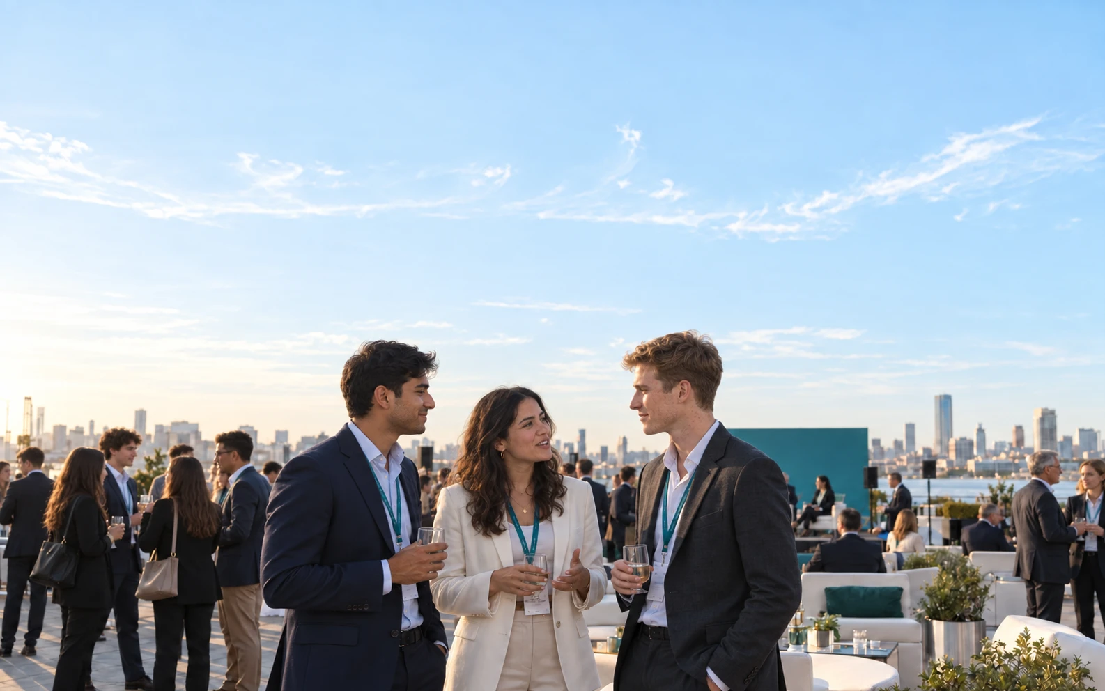 Three young adults networking with students and older professionals at a rooftop event beneath an open blue sky